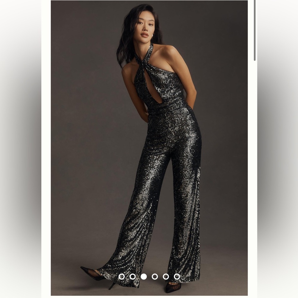 Maeve Sequin Cut-Out Halter Wide-Leg Jumpsuit